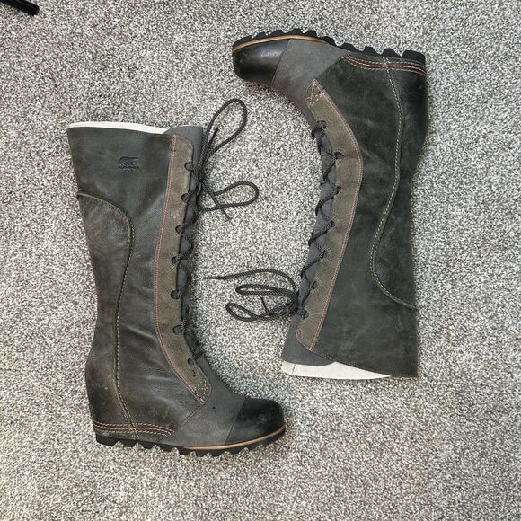 Sorel Womens Tall Cate the Great Wedge Boots Size 10 Heeled Leather Charcoal - Picture 2 of 16